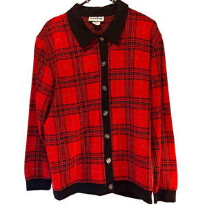 Eccobay Women's Cardigan Sweater Red Black Plaid Long Sleeve Button XL